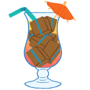 une illustration d'un cocktail coloré, mais les glaçons sont représentés comme des cartons de déménagement